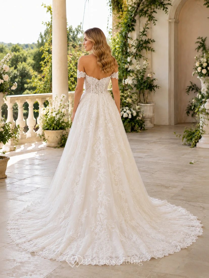 Lace Tulle Wedding Dress A-Line Off Shoulder Chapel Train Bridal Gown view 2