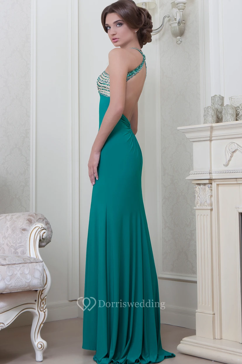 Sheath Beaded Sleeveless Haltered Long Jersey Evening Dress With Pleats view 3
