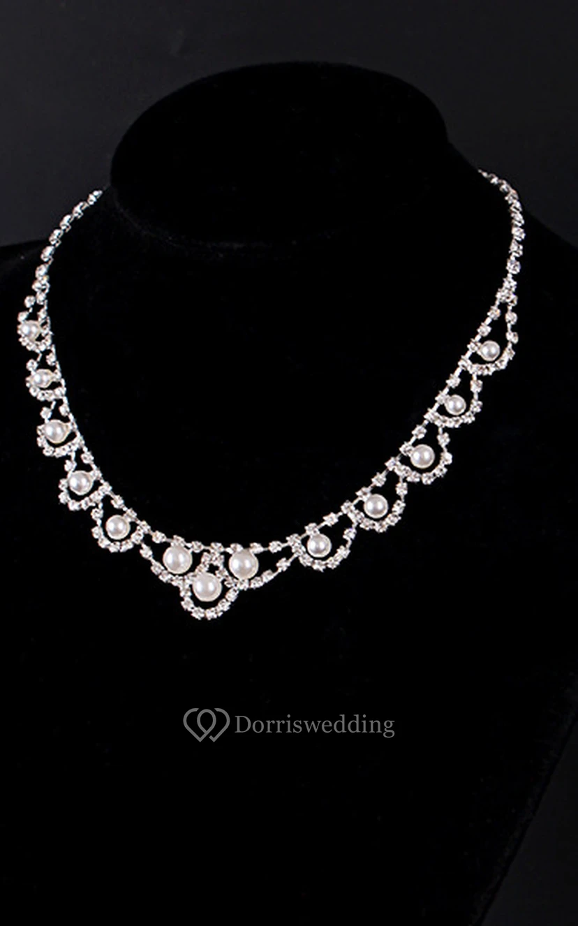 Elegant Bridal Rhinestone and Pearl Necklace and Earrings Jewelry Set view 3