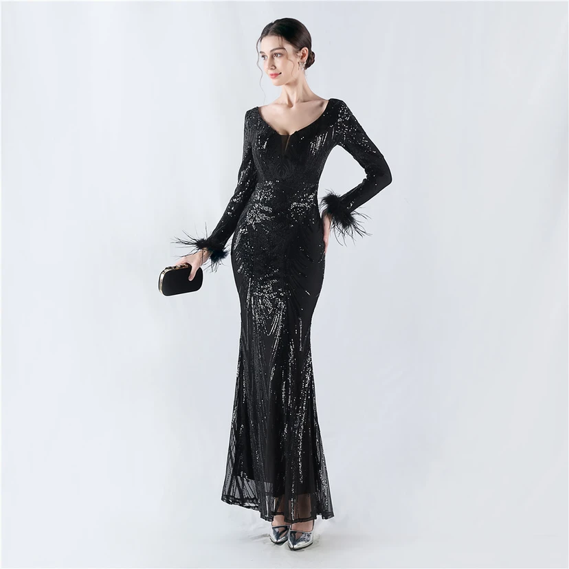 Robe de soirée haut de gamme ornée de perles florales fixes et de poils d'autruche, hôte de la réunion annuelle d'hiver view 32