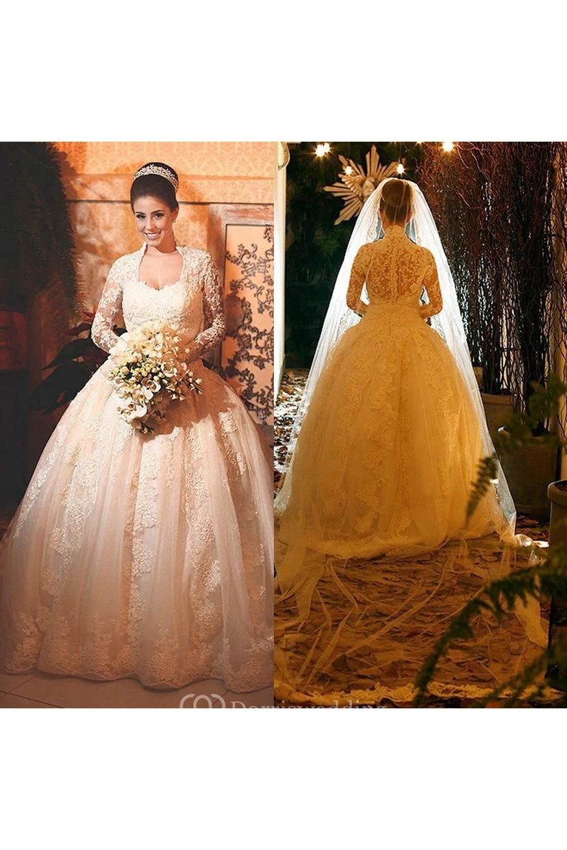 Vestido de novia de princesa moderno de encaje con mangas largas y botones en la espalda. view 3
