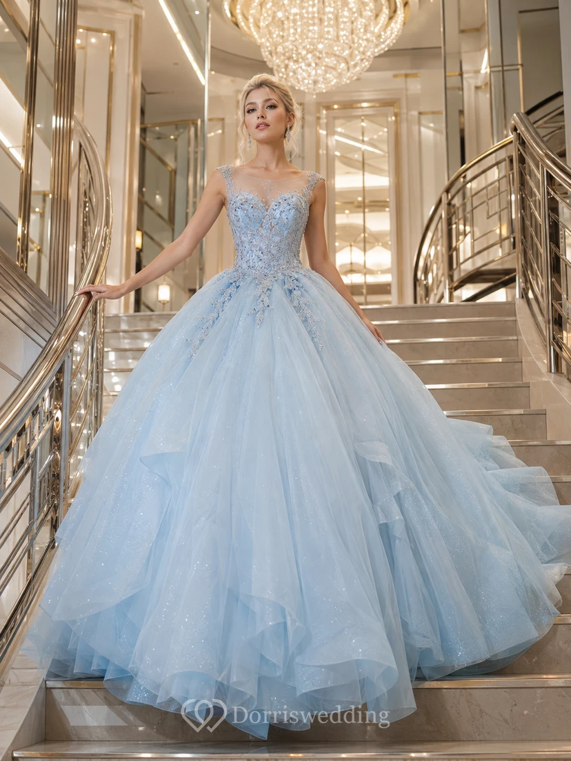 Sky Blue Hotel Staircase V Neck Strap Cascading Tulle Quinceanera Princess Ball Gown