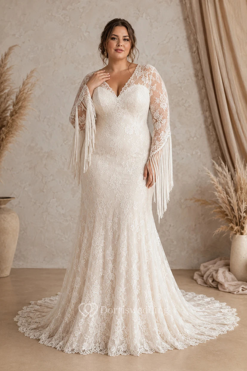 Elfenbeinfarbenes Meerjungfrauen-Brautkleid in Übergröße mit langen Ärmeln, Spitze und V-Ausschnitt