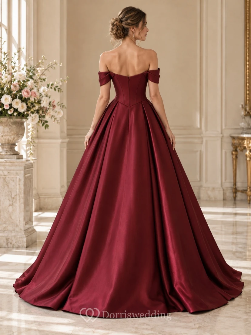 Robe de bal bordeaux simple en satin plissé à épaules dénudées et traîne. view 2