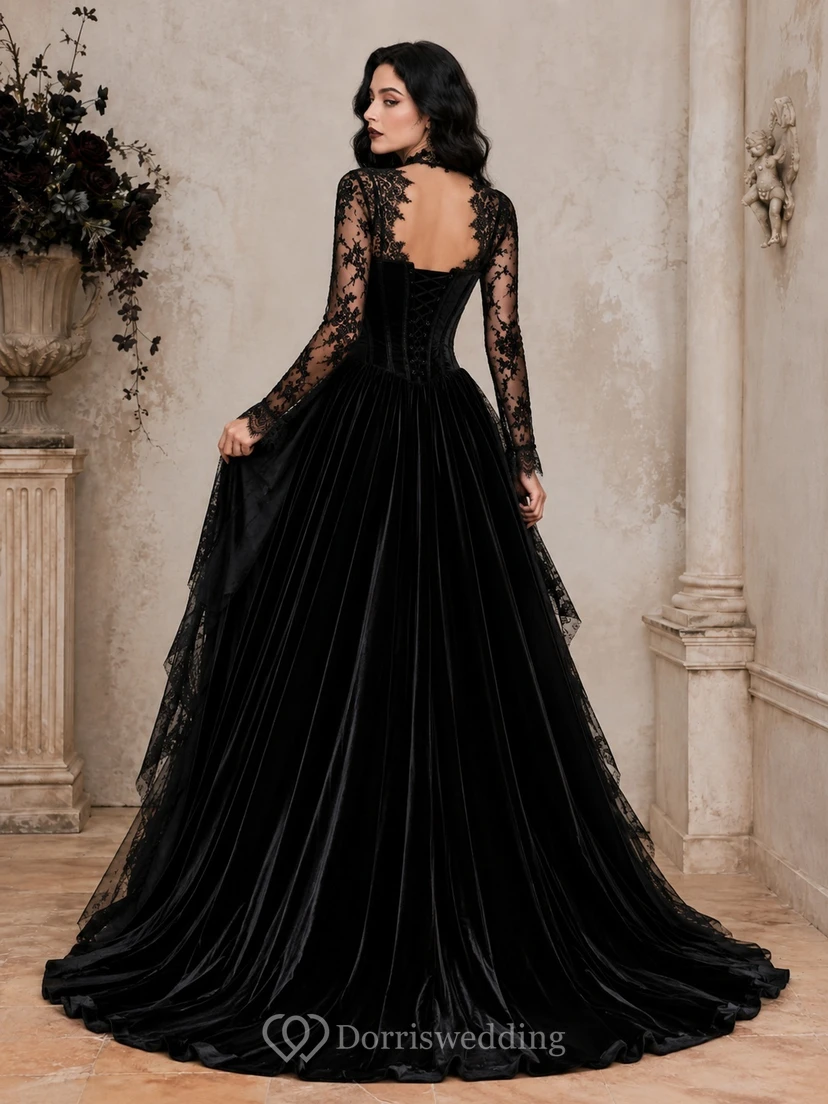 Black Vintage Long-Sleeve Velvet Ball Gown with Lace Corset and Flowers view 2