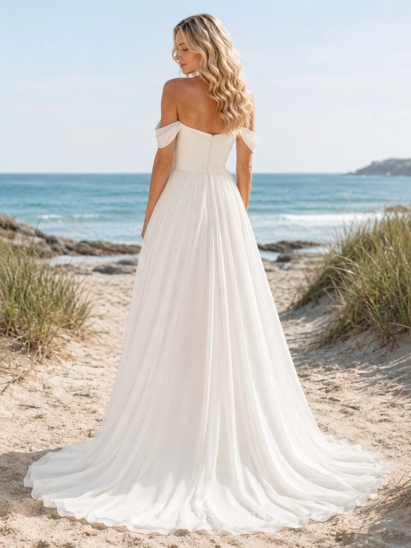 Chiffon Wedding Dress A-Line Off Shoulder Sweep Train Bridal Gown view 2