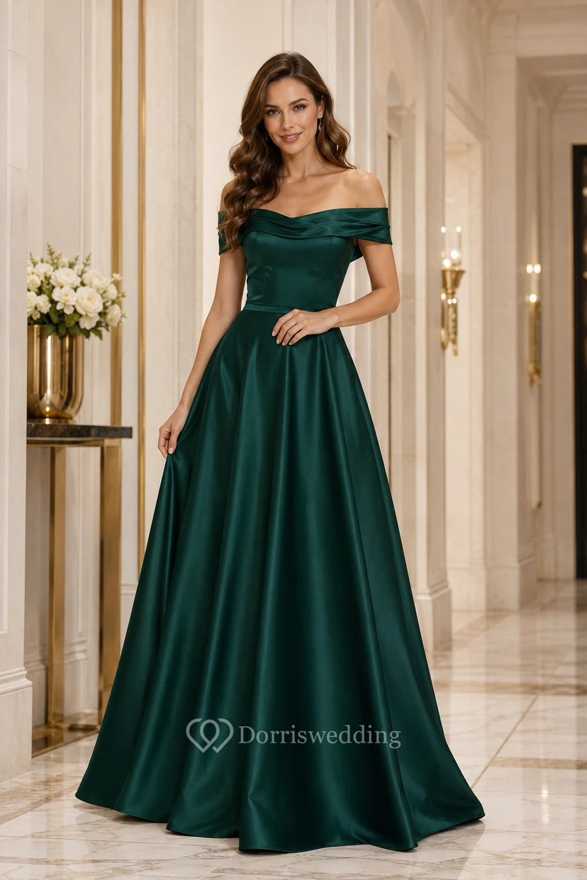 Dunkelgrünes schulterfreies A-Linien-Abendkleid aus Satin mit bodenlangem Prinzessinnenrock