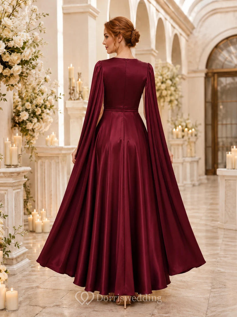 Burgundy Bateau Satin A Line Floor Length Cape Guest Dress view 2