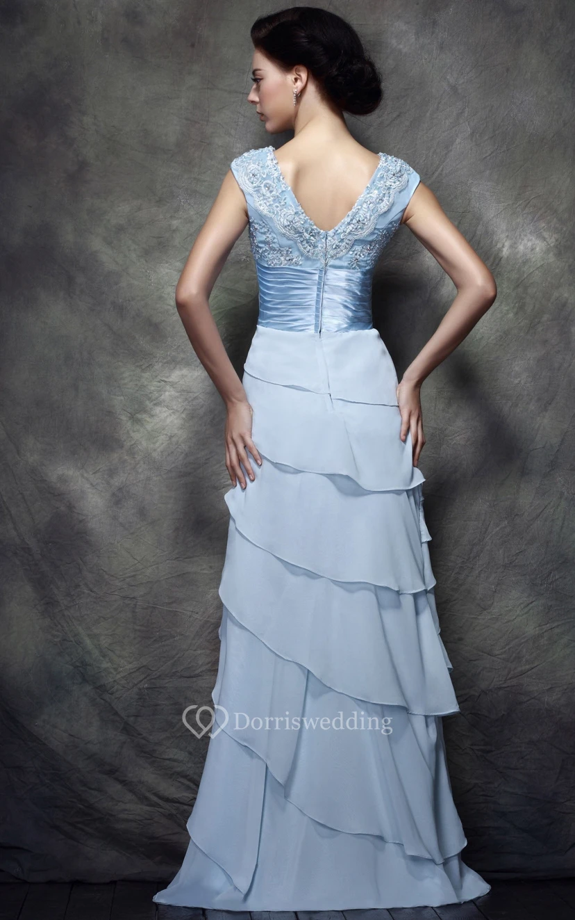Caped-Sleeve Appliqued Floor-Length Dress With Flower and Beading view 3