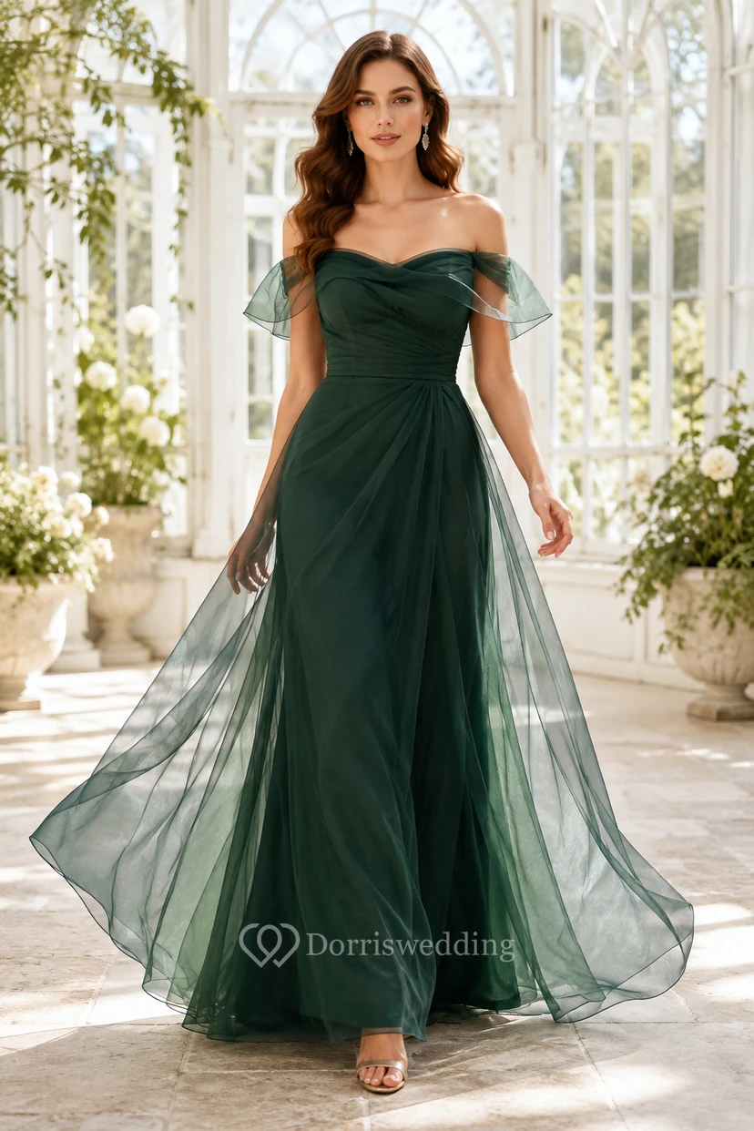 Robe de soirée vert foncé en tulle, coupe trapèze, épaules dénudées, manches courtes, longueur au sol