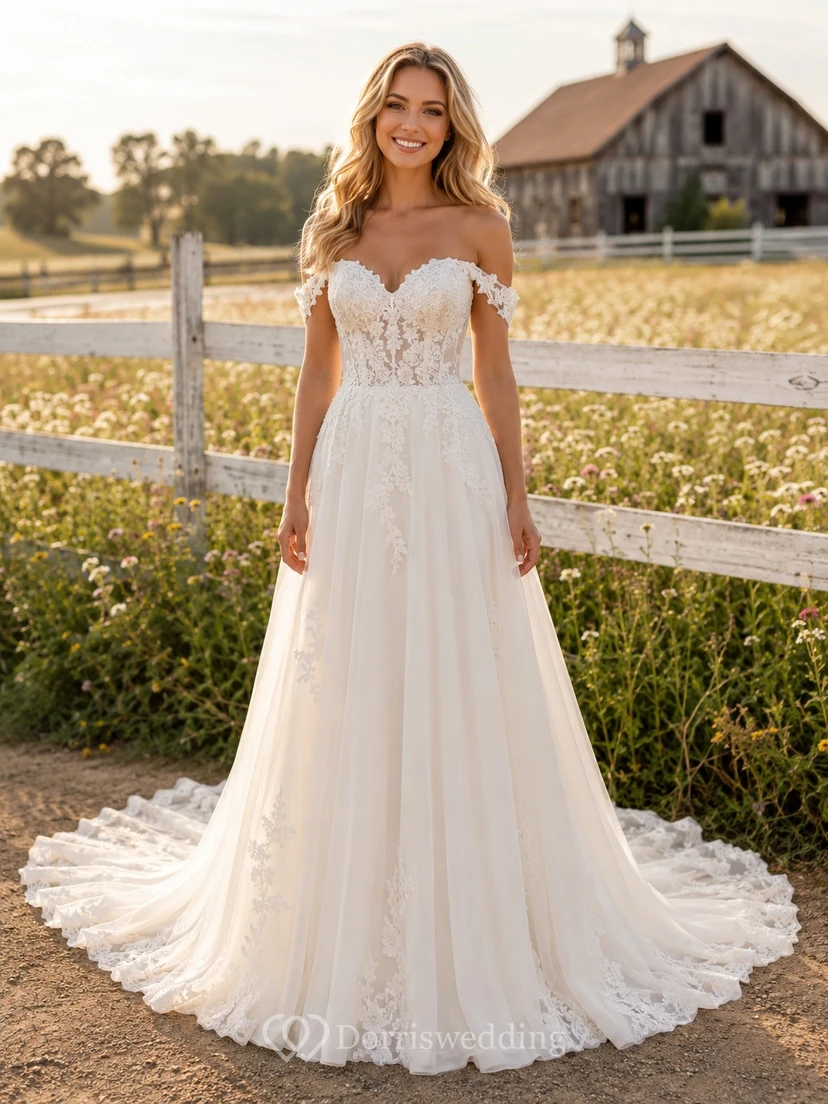 Boho Off-the-shoulder Short-Sleeve Lace Chiffon A-Line Floor-length Sweep Romantic Bridal Gown