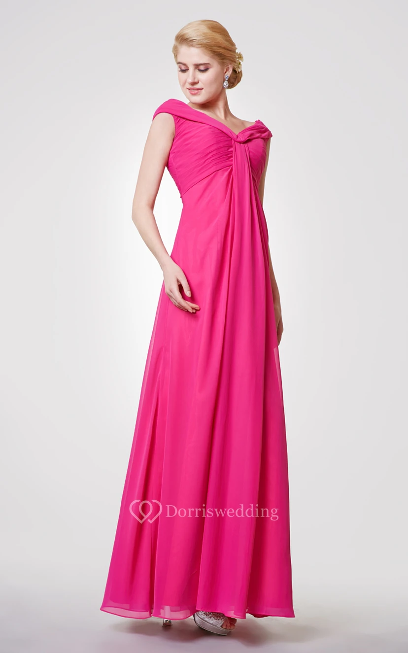 Classic V-neck Cap-sleeved A-line Chiffon Long Dress With Pleats view 3