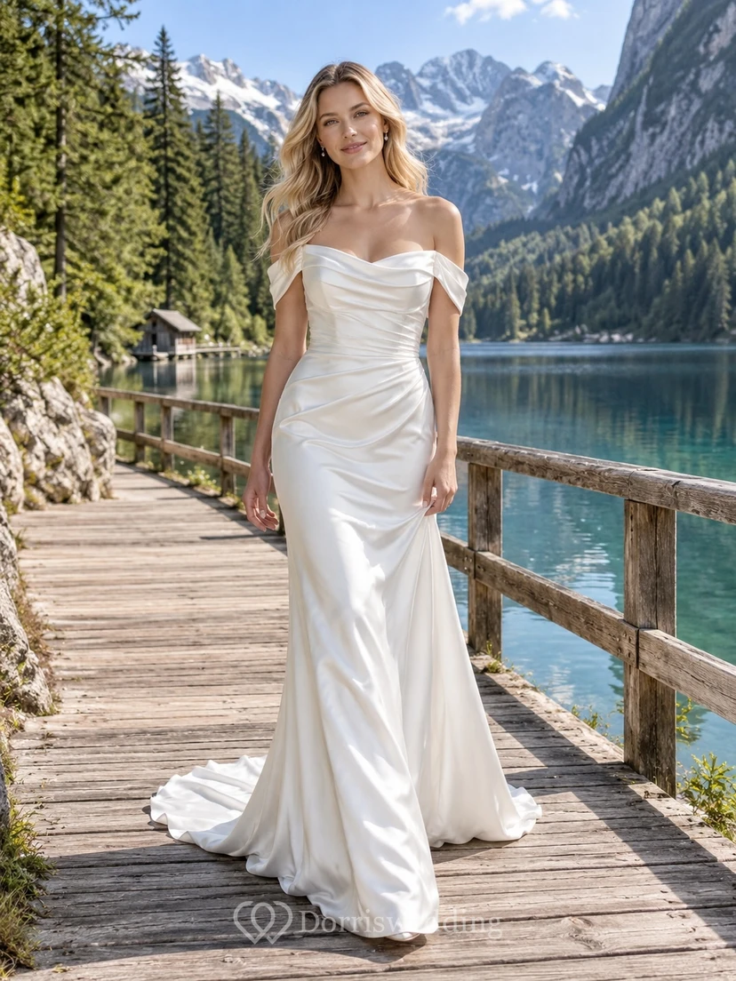Vestido de novia sencillo sin mangas, estilo sirena, de satén elástico fruncido con cola.