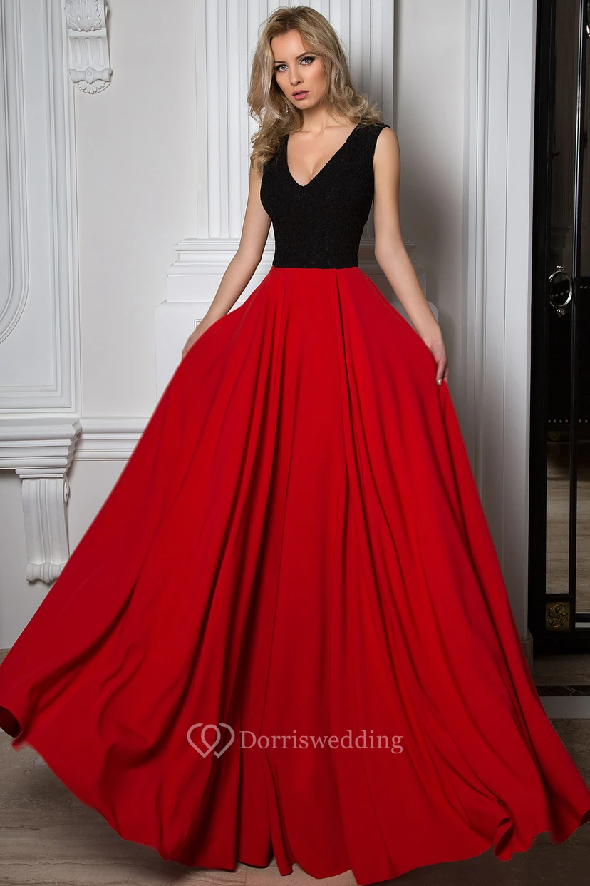 V-Neck Long Sleeveless Pleated Chiffon Prom Dress
