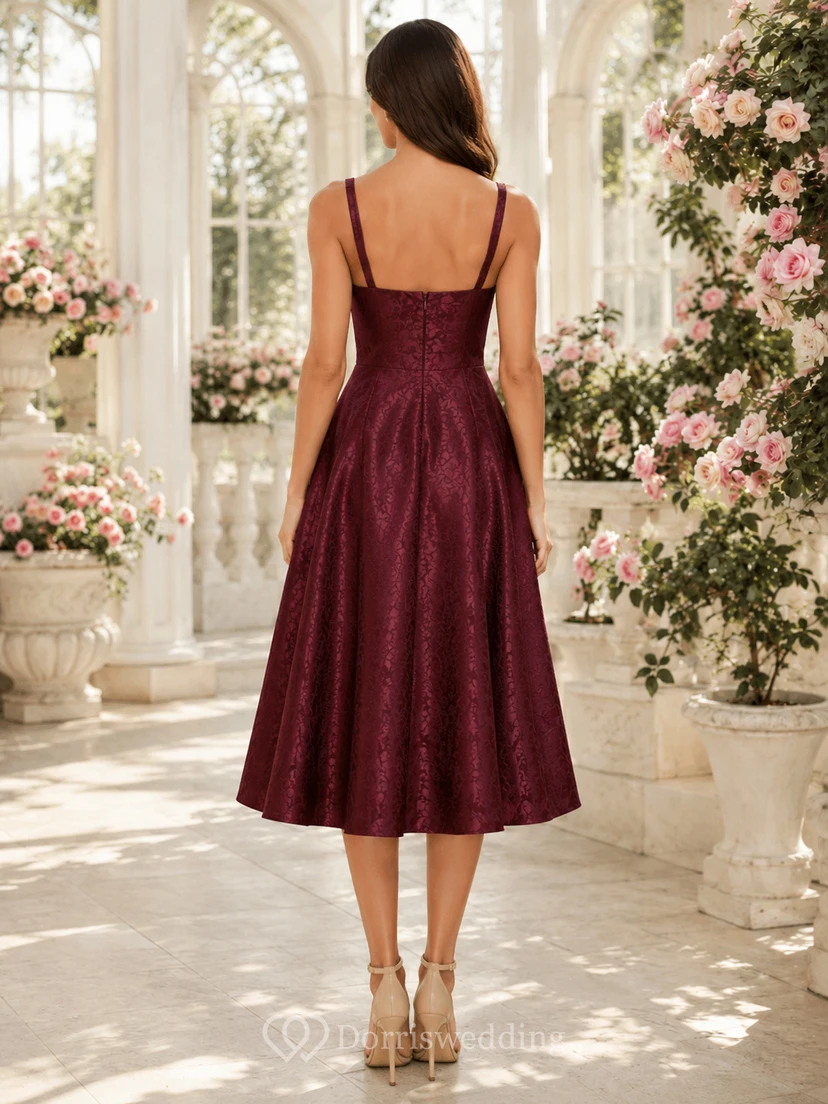 Burgunderfarbenes Rosengarten-Hochzeitsgastkleid, A-Linie, Satin, Spitze, Spaghettiträger, eckiger Ausschnitt, ärmellos, Teelänge view 2