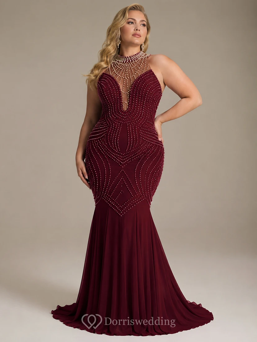 Beautiful Sleeveless Pearls Mermaid Prom Dresses Floor Length view 4