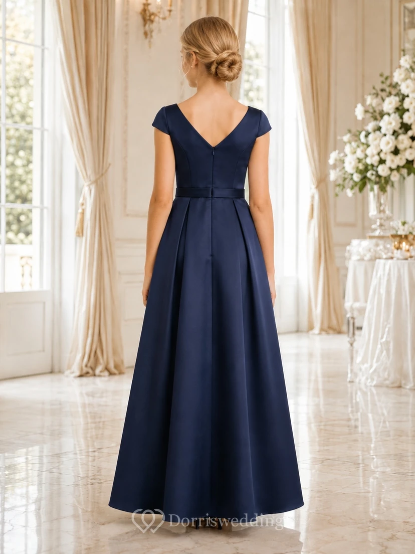 Dark Navy Junior Bridesmaid Dress A-Line Bateau Short Cap Sleeve Bow Detail Elegant view 2