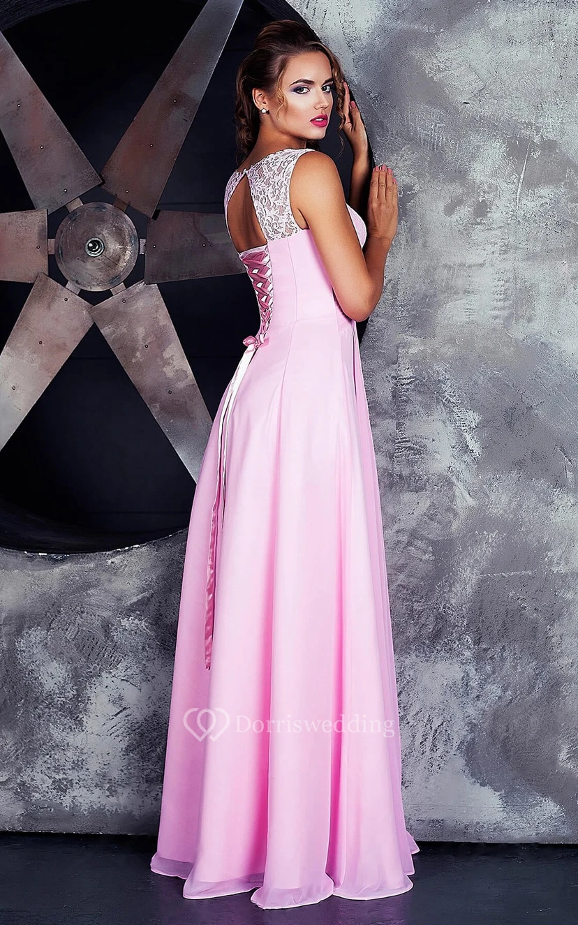 A-line Floor-length High Neck Sleeveless Jersey Lace-up Dress view 3