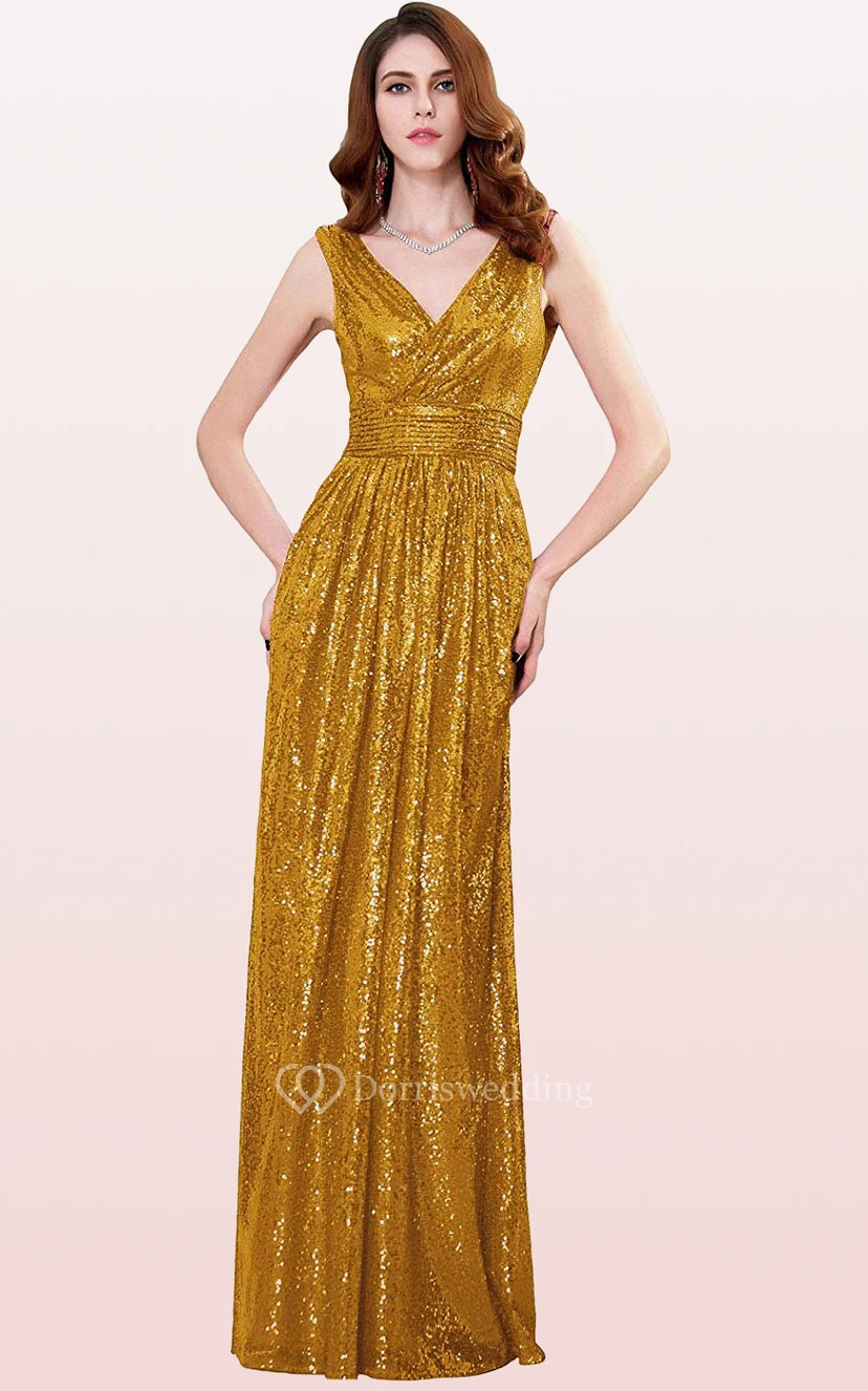 V-neck A Line Sleeveless Floor-length Sequins Bridesmaid Dress With Ruching view 7