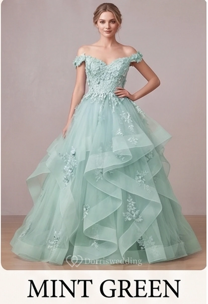 Robe de bal brodée bleu clair à épaules dénudées view 10