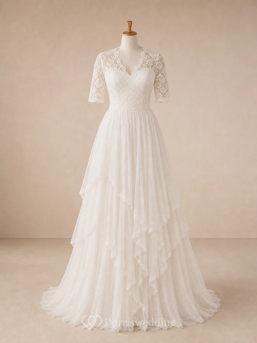 Ländliches, schlichtes Vintage-Hochzeitskleid mit Ärmeln für ältere Bräute in großen Größen view 5
