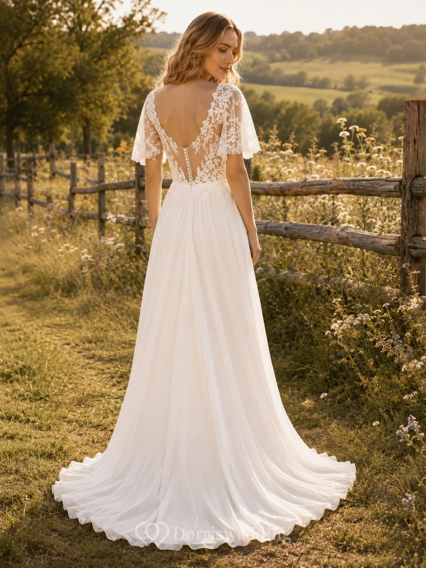 Robe de mariée champêtre en tulle, coupe trapèze, col en V, manches papillon, traîne chapelle, dos nu plongeant. view 2