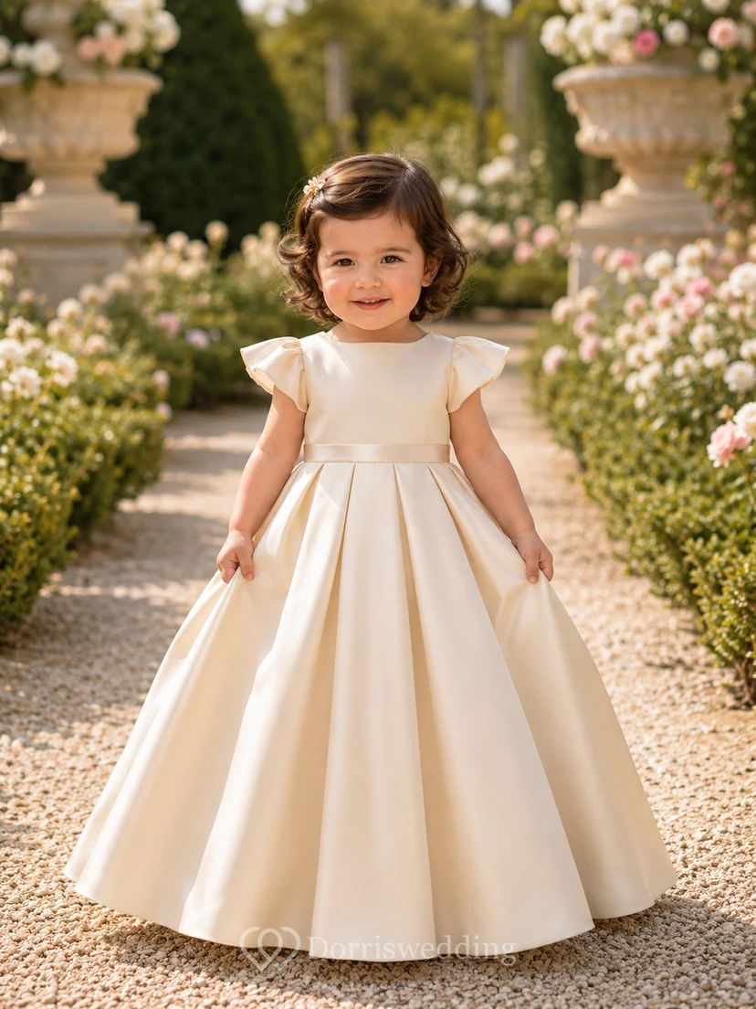 Robe de baptême simple en satin mat champagne, coupe trapèze, manches courtes