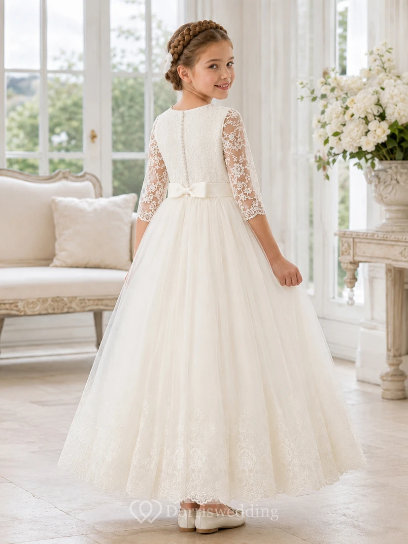 Kommunionkleid in Elfenbein mit Rundhalsausschnitt, bestickten Spitzenärmeln view 2
