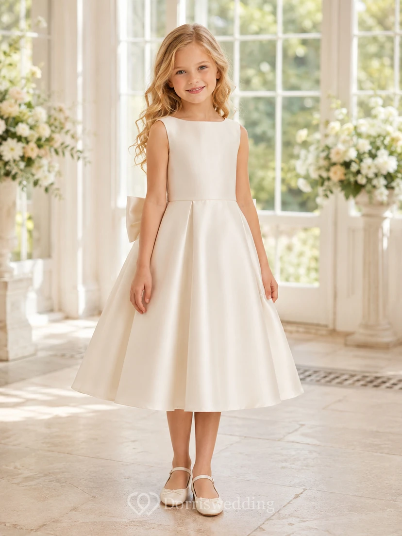 Blumenmädchenkleid aus elfenbeinfarbenem Satin, A-Linie, Rundhalsausschnitt, Teelänge, Schleifendetail