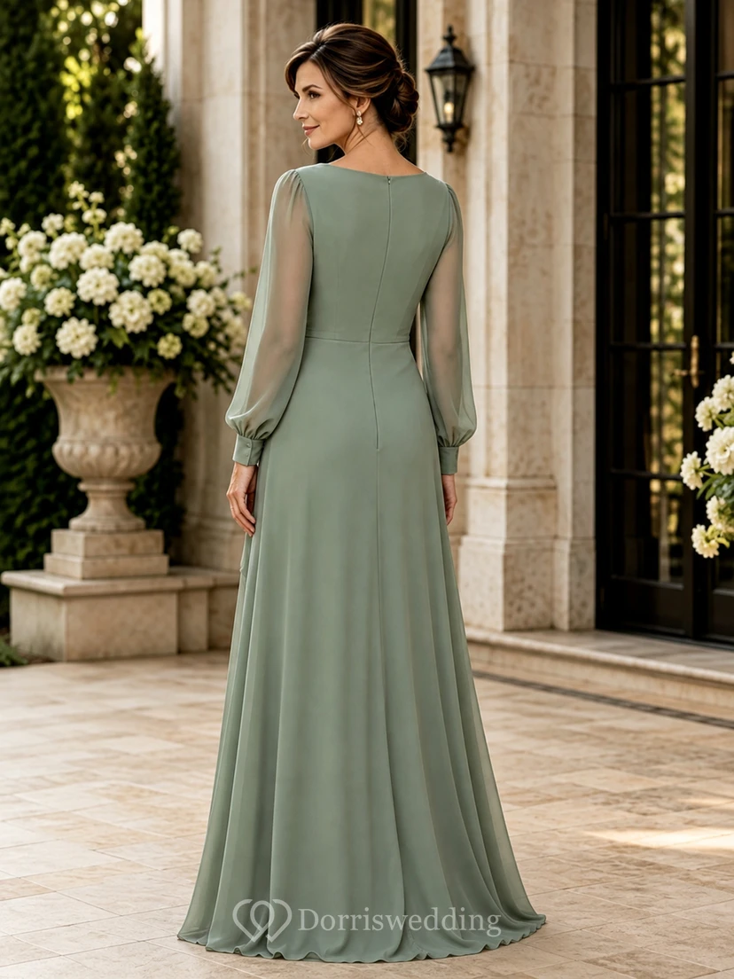 Salbeigrünes Chiffon-Kleid mit V-Ausschnitt und langen Ärmeln, weit geschnitten für Mütter view 2