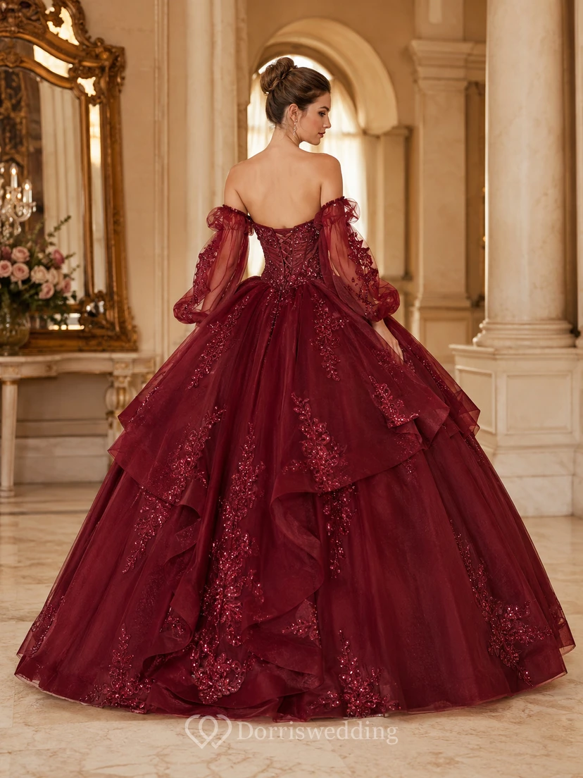 Robe de bal de princesse de quinceañera bordeaux de luxe, à manches bouffantes amovibles et dentelle superposée view 2