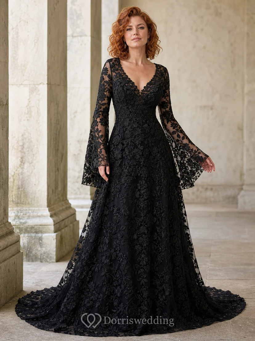 Vestido de noche largo negro sexy de sirena con escote en V y mangas largas hasta el suelo