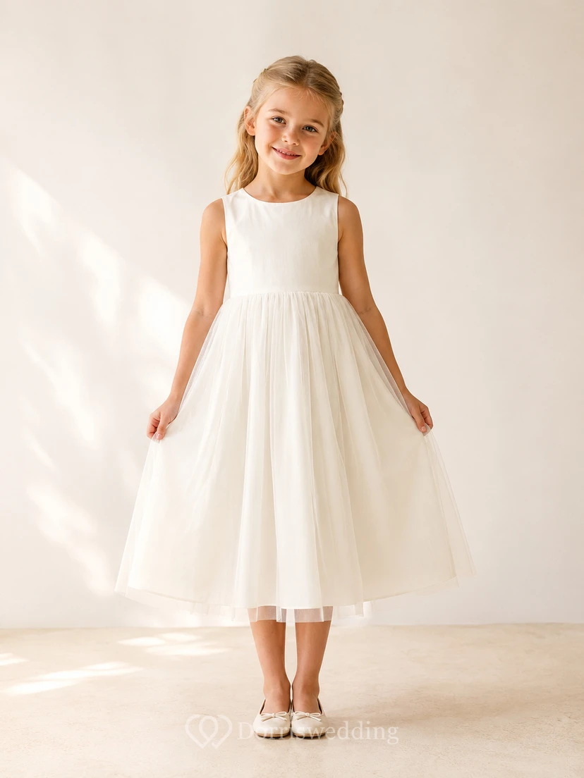 Simple Tulle with Bow Back A-Line Flower Girl Dress with Jewel Neck and Tea-Length Skirt