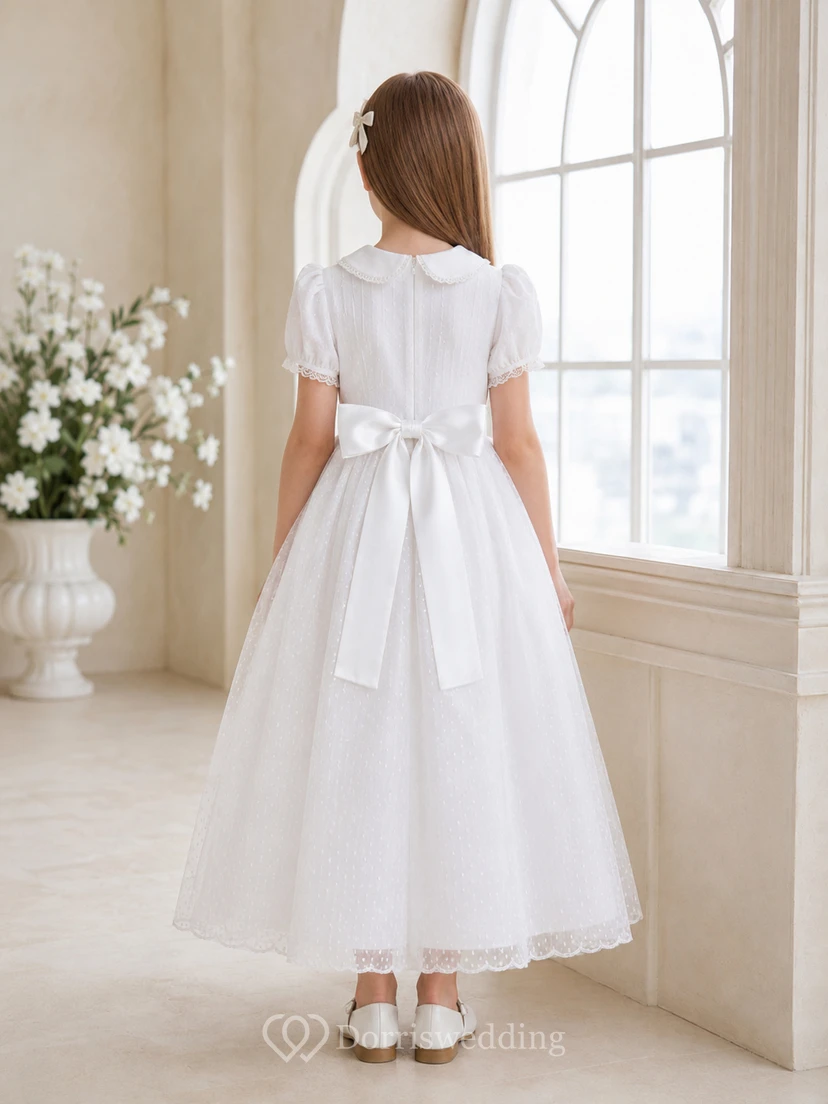 Weißes Satin-Teekleid mit eckigem Ausschnitt und kurzen Ärmeln, das sich auch als Kommunionkleid eignet view 2