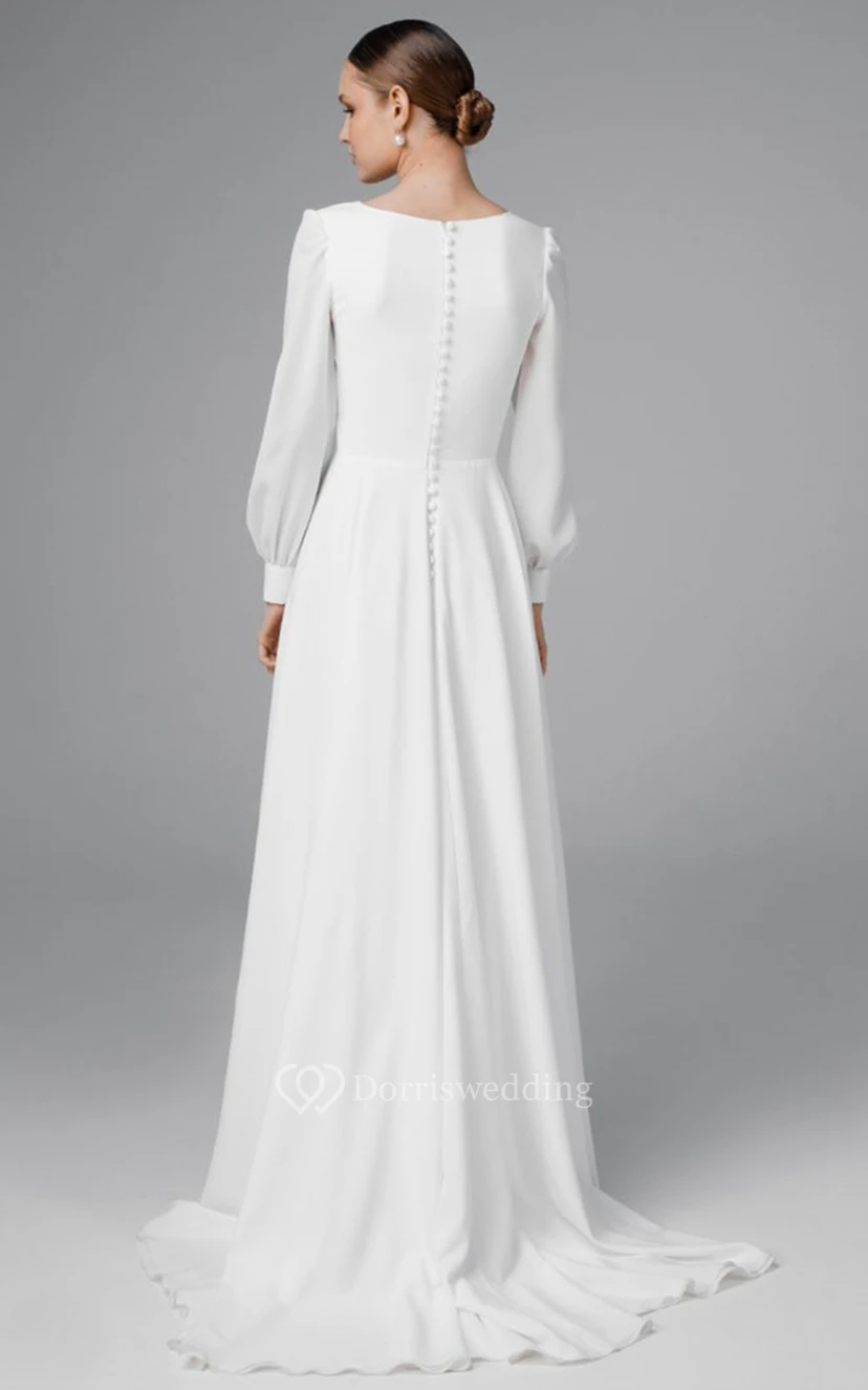 Sexy A-Linien-Hochzeitskleid aus Chiffon mit V-Ausschnitt, Schleppe und Schlitz vorne view 2