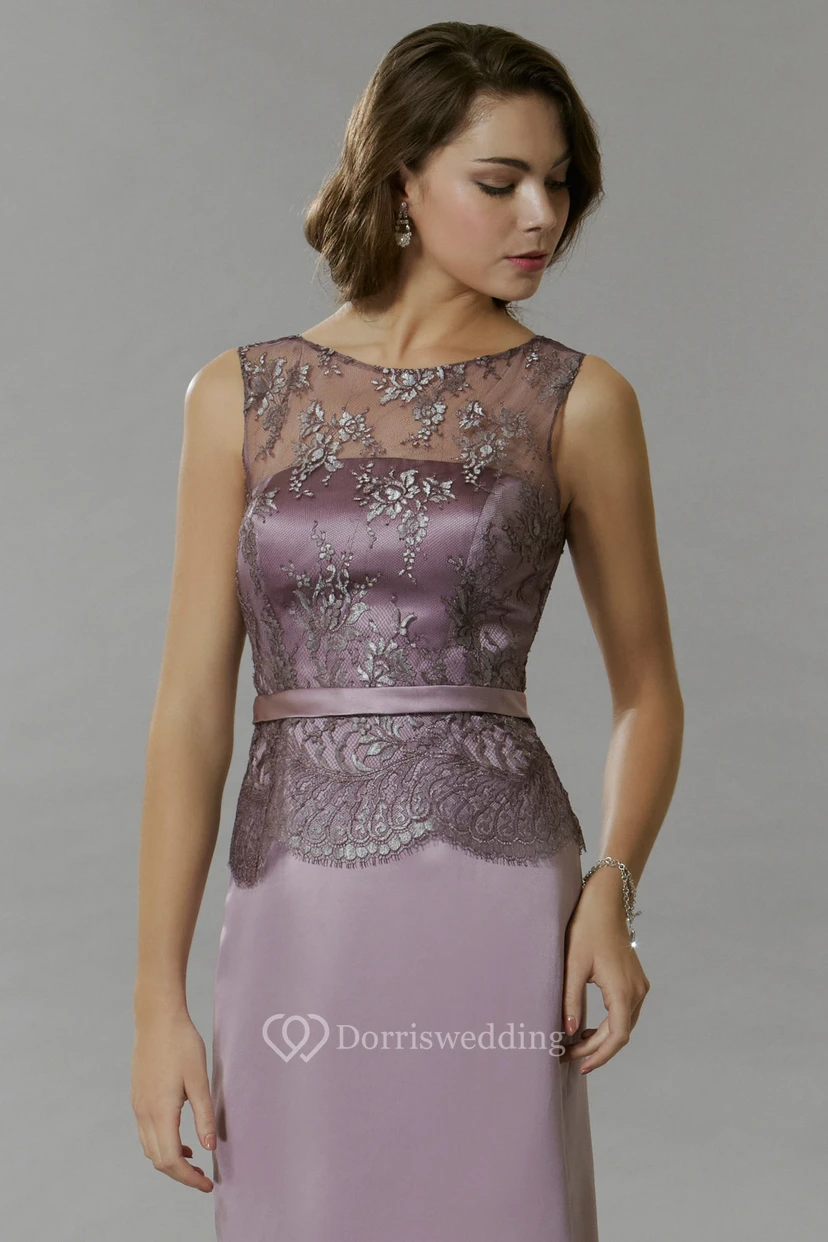 Pencil Mini Sleeveless Appliqued Scoop-Neck Satin Prom Dress view 3