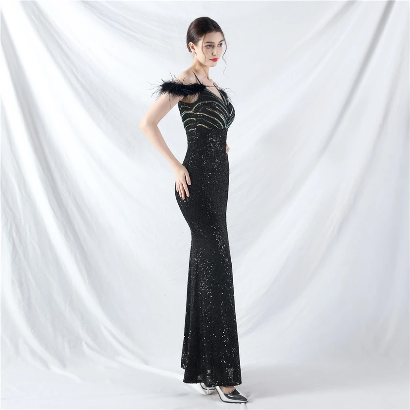 Elegantes Abendkleid mit Straußenfedern und Perlen, sexy, lang, mit Trägern und Schlitz view 33