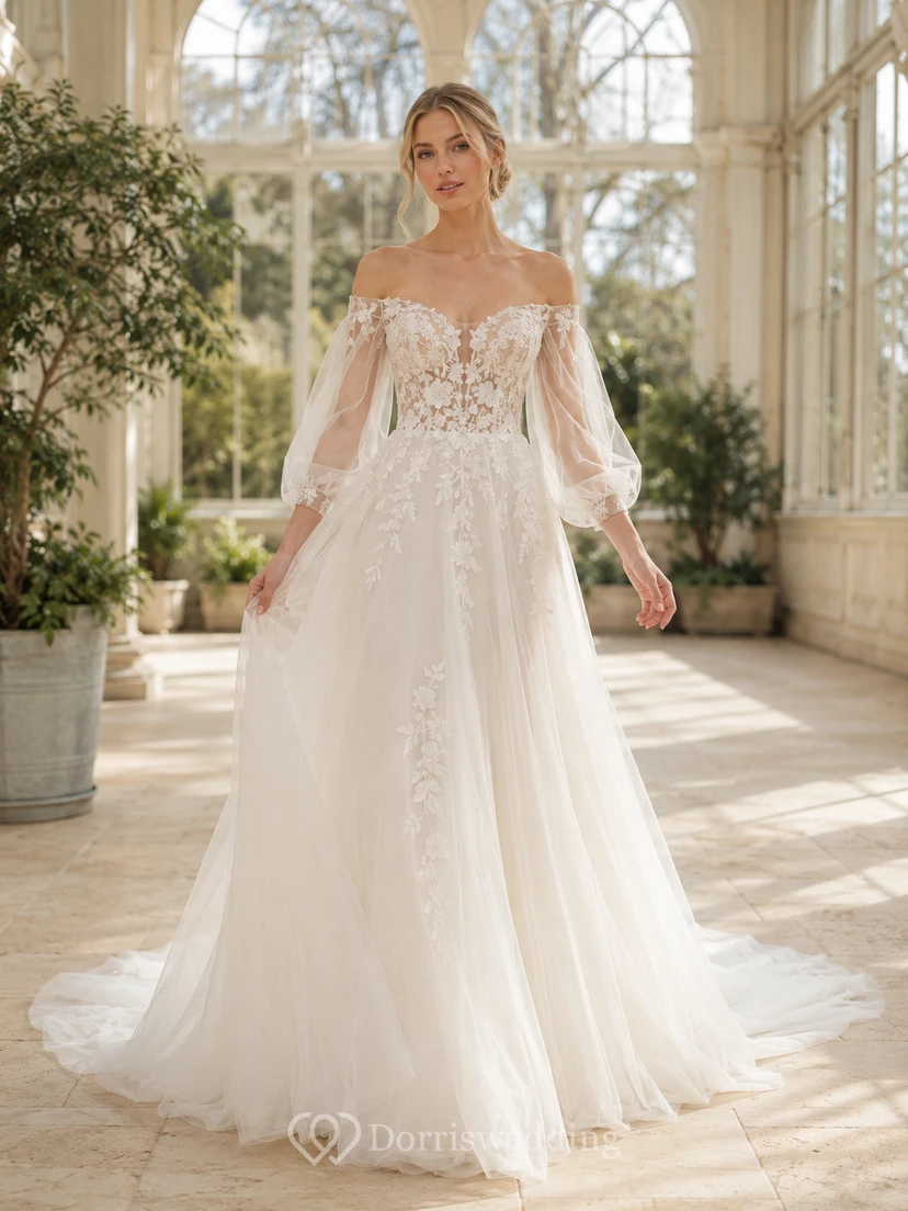 Robe de mariée de luxe en dentelle florale, épaules dénudées, manches longues, coupe trapèze, traîne chapelle festonnée, manches longues et dentelle florale, coupe trapèze.