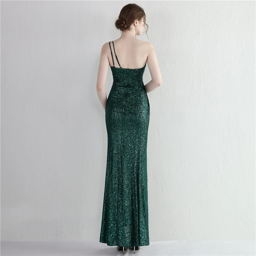 Sequined One-Shoulder Celebrity Cold Banquet Slit Long Sequin Aura Queen Dinner Fishtail Dress view 2