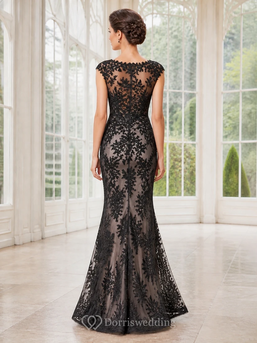 Black Sexy Sheath High Neck Cap Floral Lace Evening Dress view 2