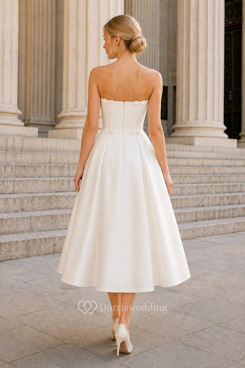 Ivory Strapless Satin Tea-Length A-Line Dress view 2