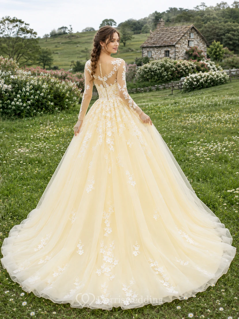 Yellow Long Sleeve Floral Ball Gown Cottage Bridal Dress view 2