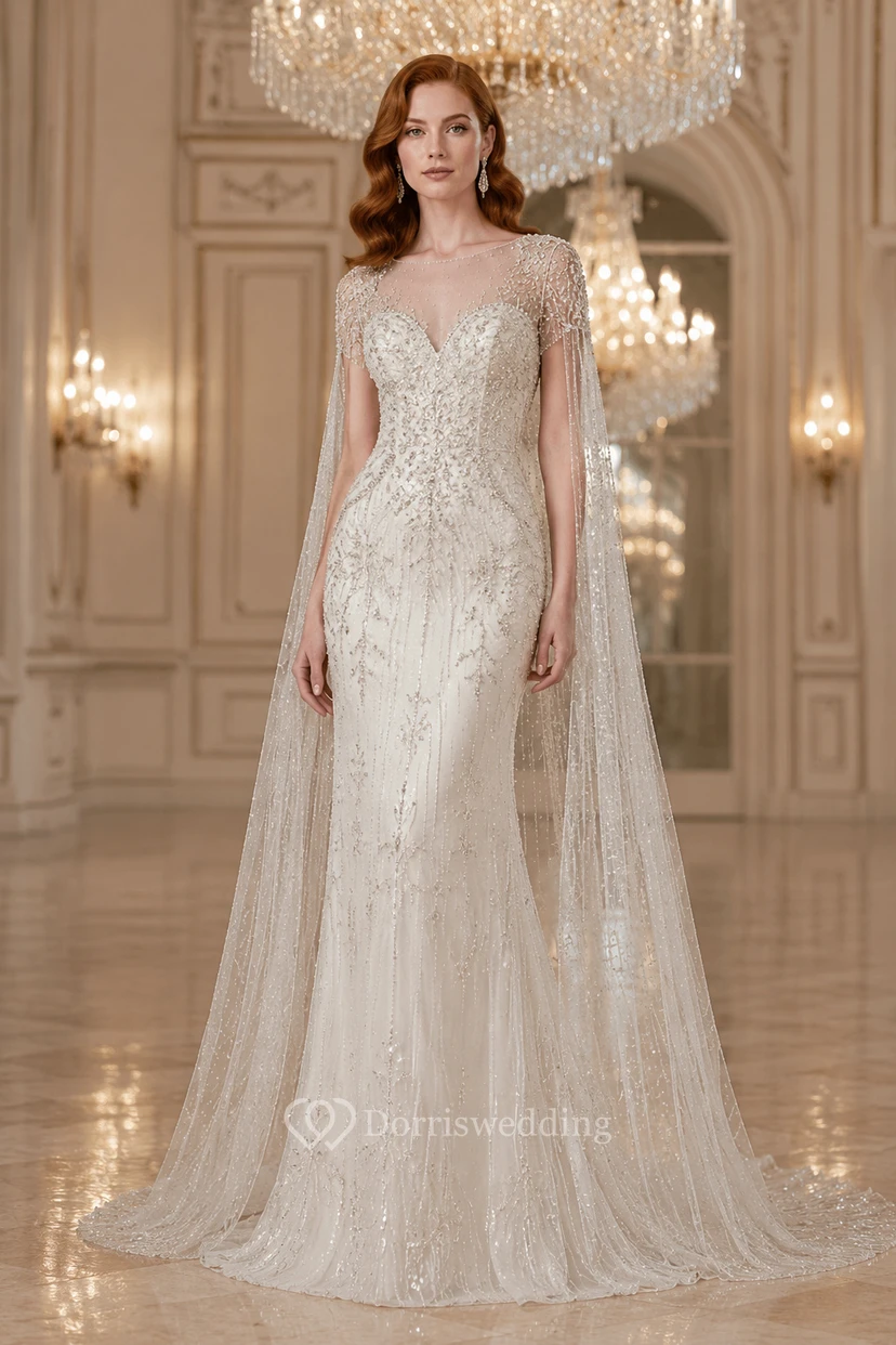 Robe de mariée fourreau en dentelle perlée à manches longues avec traîne cape