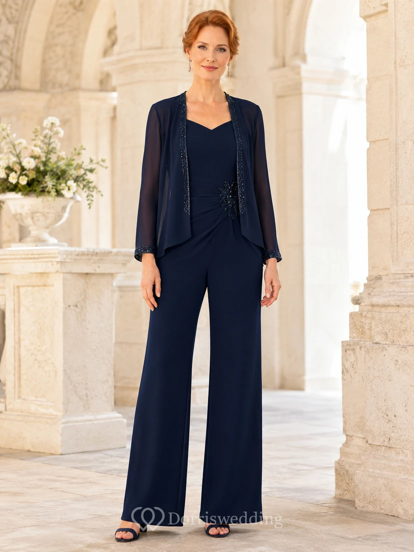 Mother Dark Navy Chiffon Pantsuit with Scoop Neck Sheer Sleeve Jacket and Wide Leg Pants