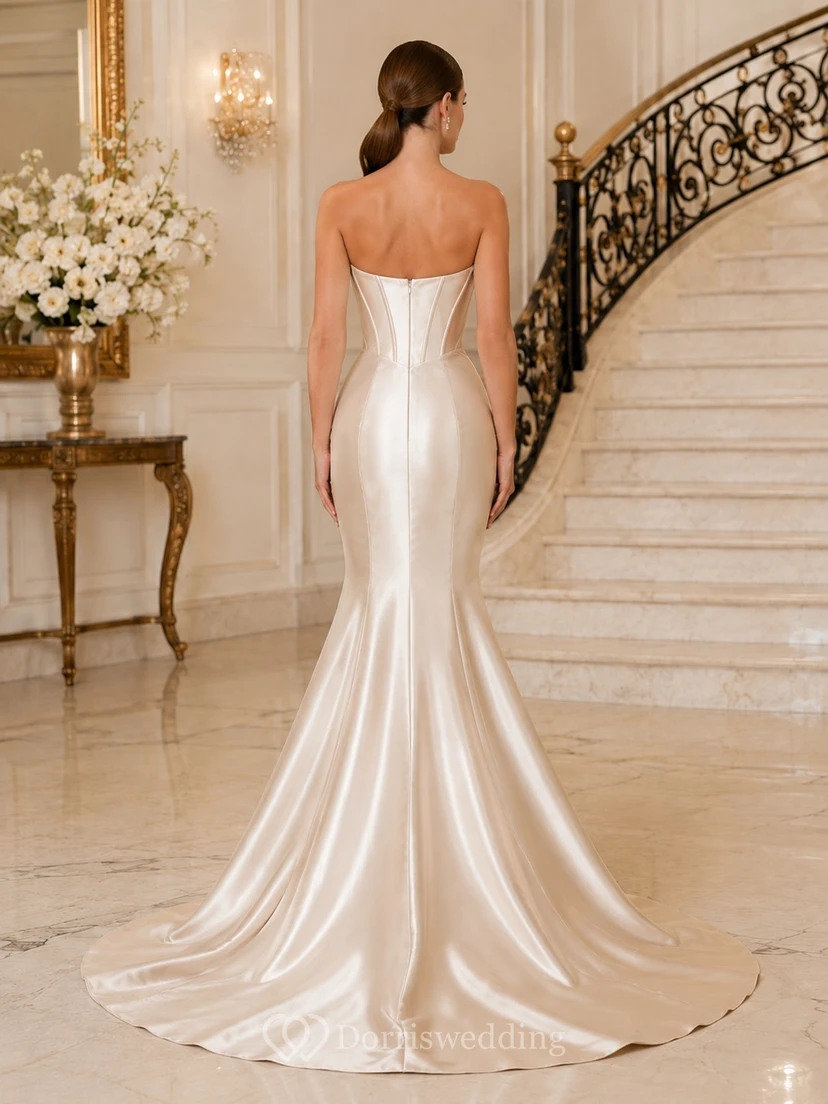 Weißes Abendkleid im Meerjungfrauenstil aus Satin mit Herzausschnitt und Kapellenschleppe, elegantes formelles Kleid view 2