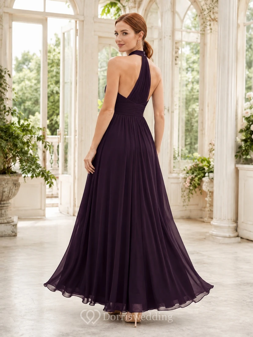 Dark Purple Chiffon Halter Neck Pleated A-Line Floor-length Formal Dress view 2