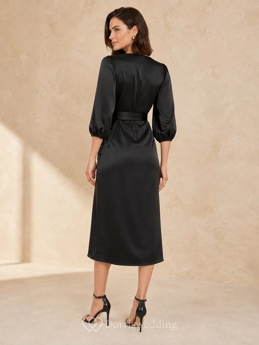 Black Sheath V-Neck Three-Quarter Sleeve Ruched Satin Asymmetrical Tea-Length Dress view 2