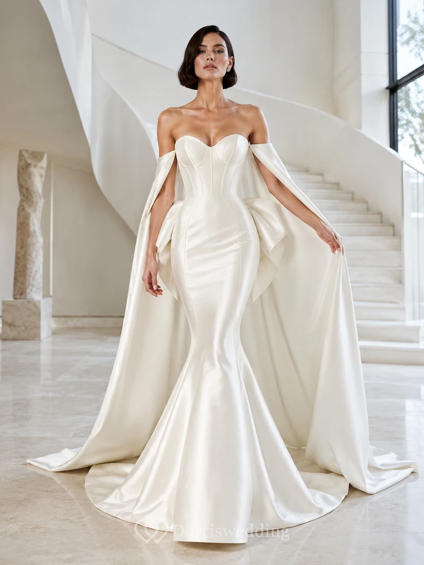 Robe de mariée sirène moderne en satin à épaules dénudées et manches courtes, avec cape et traîne chapelle