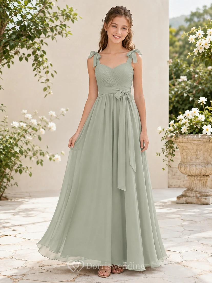 Celadonfarbenes Brautjungfernkleid für junge Mädchen, A-Linie, herzförmiger Schnitt, ärmellos, Chiffon, elegant