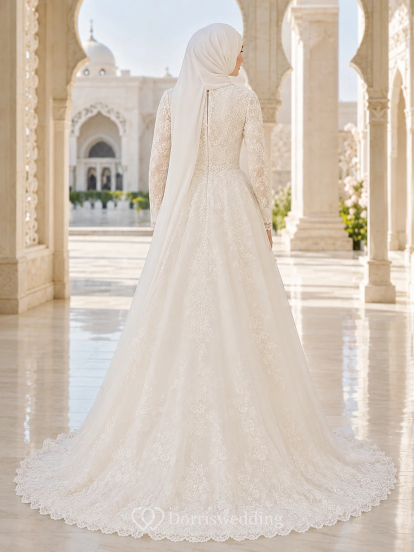 Robe de mariée musulmane hijab à manches longues en dentelle, style bal, robe de bal view 2